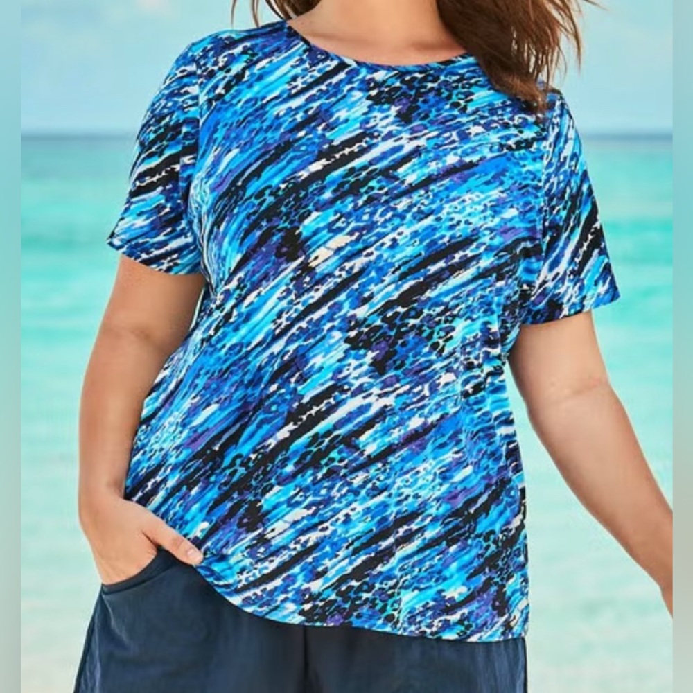 #2580 Swim365 Silver Foil Animal Print Blue Crewneck Short Sleeve Rash Guard Tee
